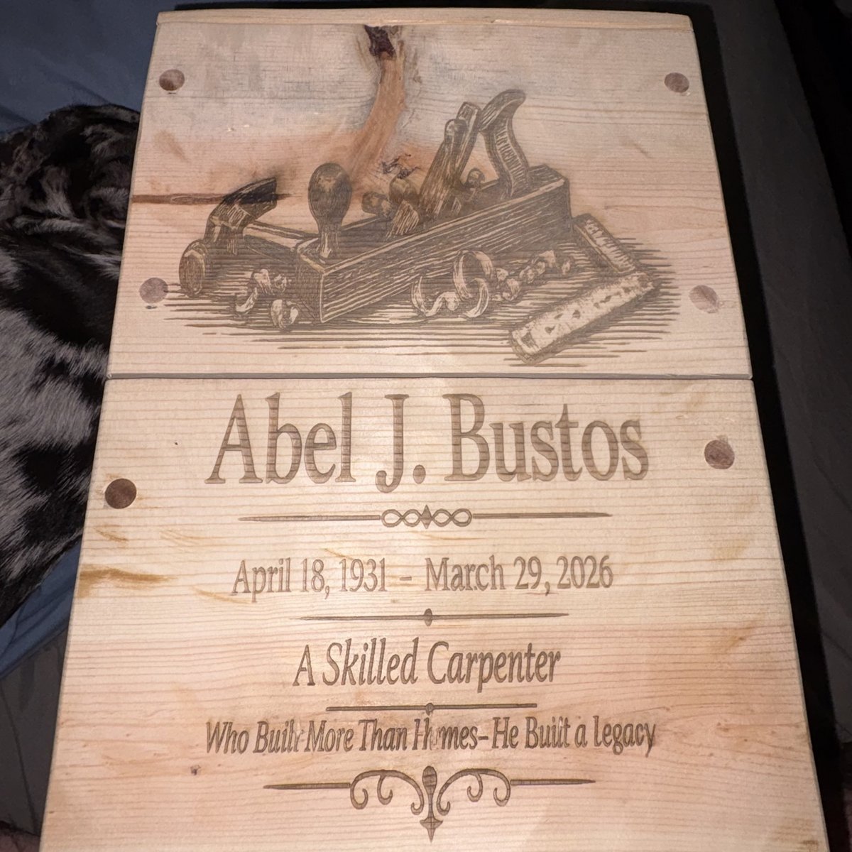 Engraved wood memorial plaque with a carpenter tools design, by KB Custom Creations