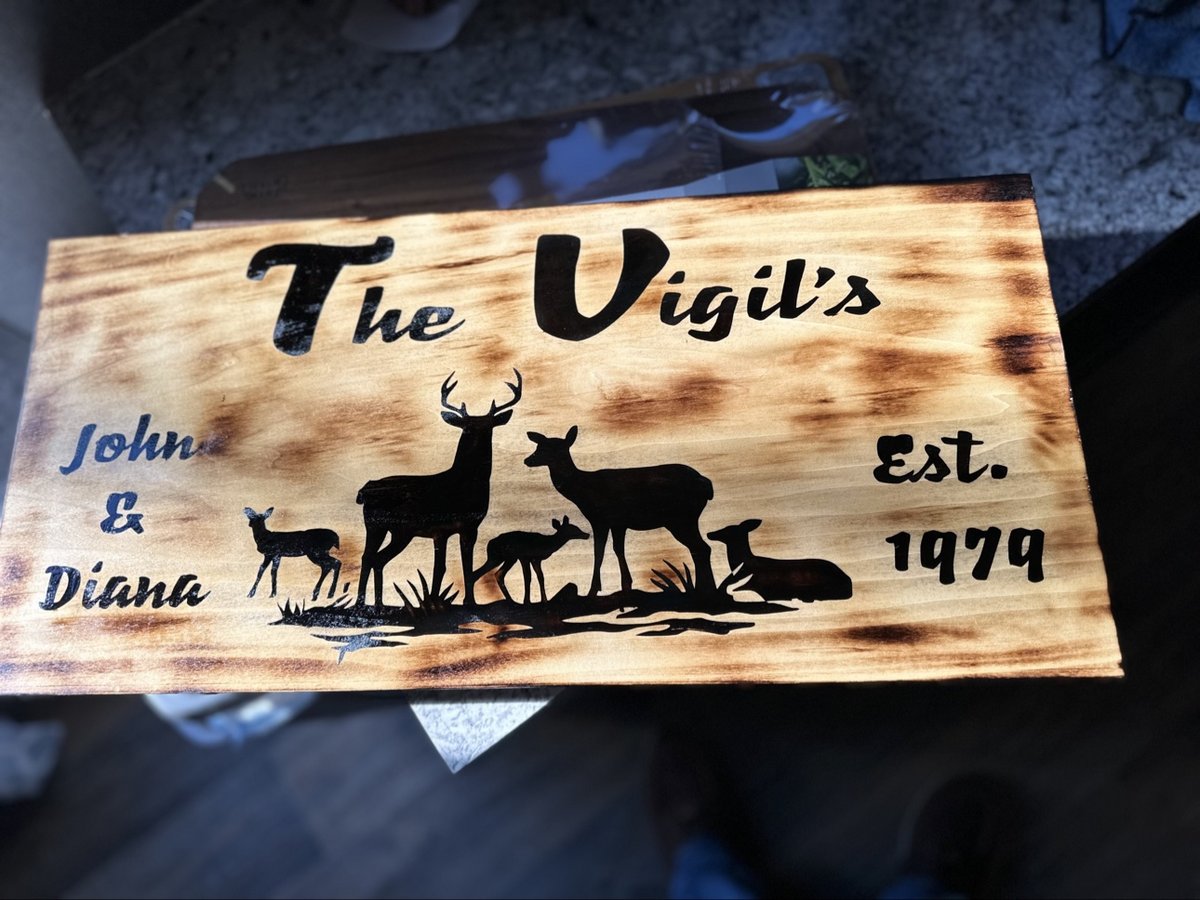 Torched wood family sign with a deer family scene and an established date, by KB Custom Creations