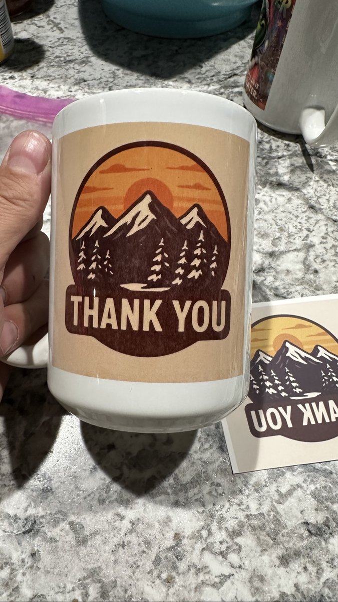 White mug printed with a mountain sunset Thank You design, by KB Custom Creations