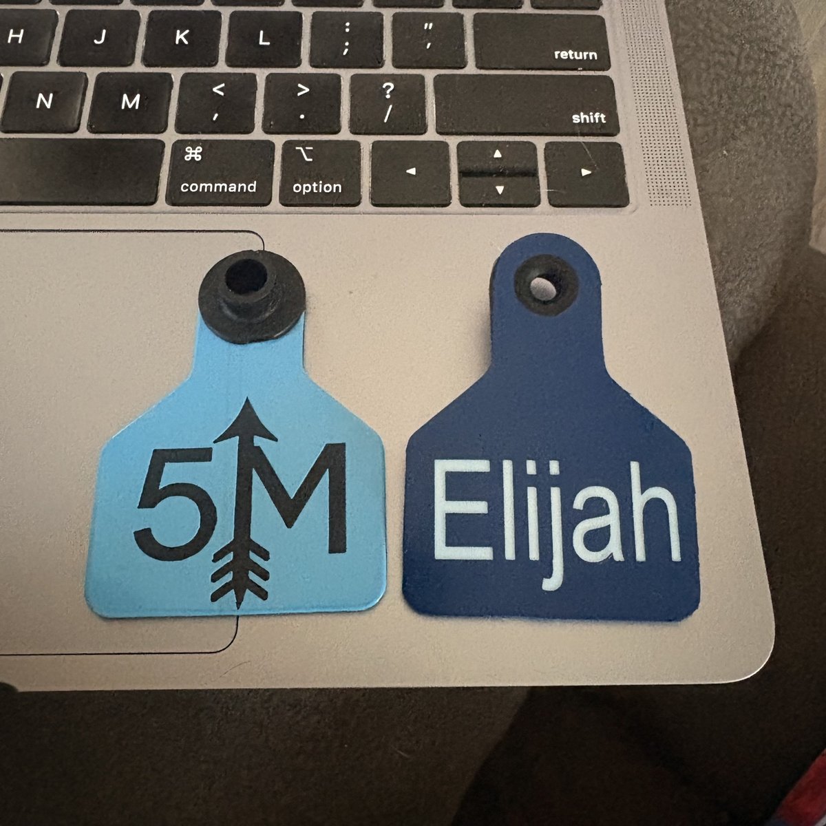 Two custom cattle ear tags — one with a ranch brand, one personalized with a name — by KB Custom Creations