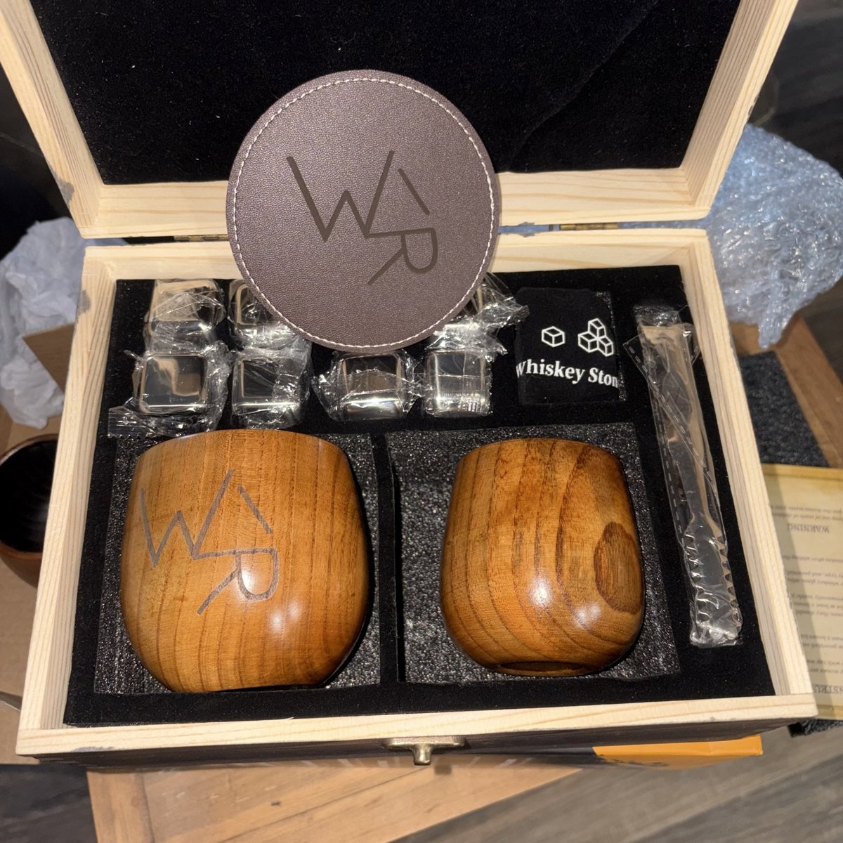 Engraved whiskey gift set with wood cups, a leather coaster, and whiskey stones in a wood gift box, by KB Custom Creations