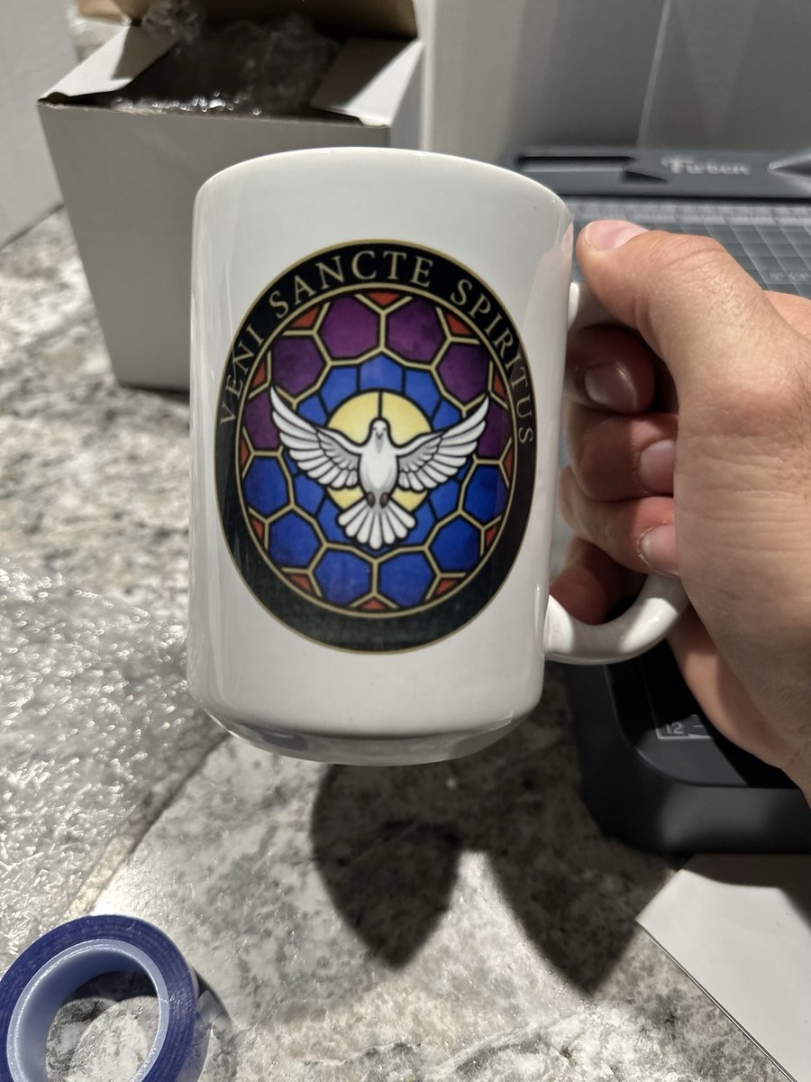 White mug printed with a stained-glass Holy Spirit dove design, by KB Custom Creations