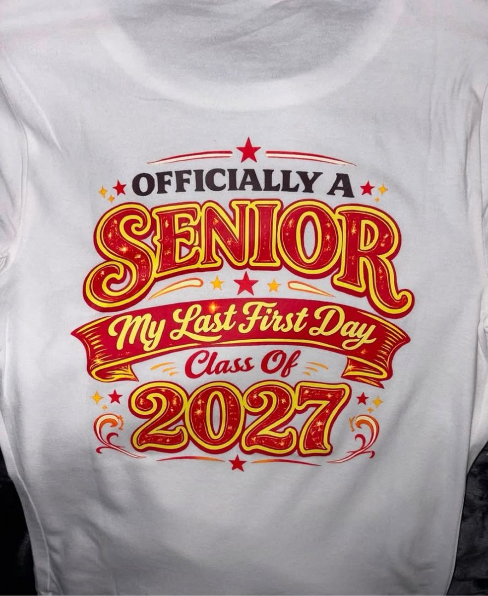 White t-shirt reading Officially A Senior, Class Of 2027, made by KB Custom Creations