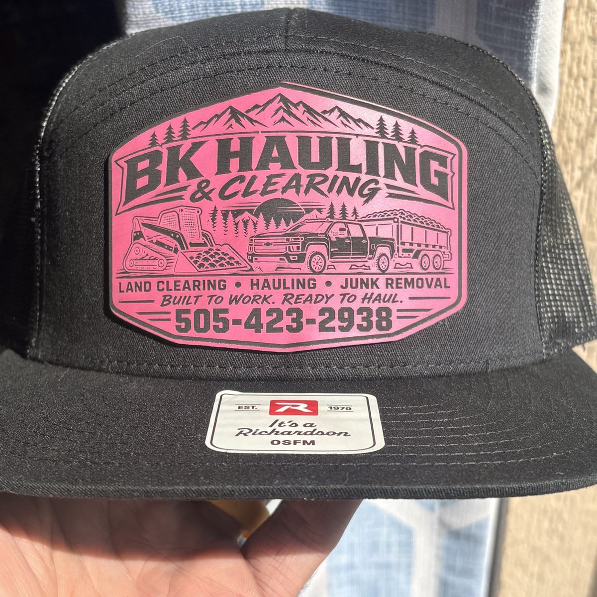 Black Richardson hat with a pink leather BK Hauling & Clearing patch made by KB Custom Creations